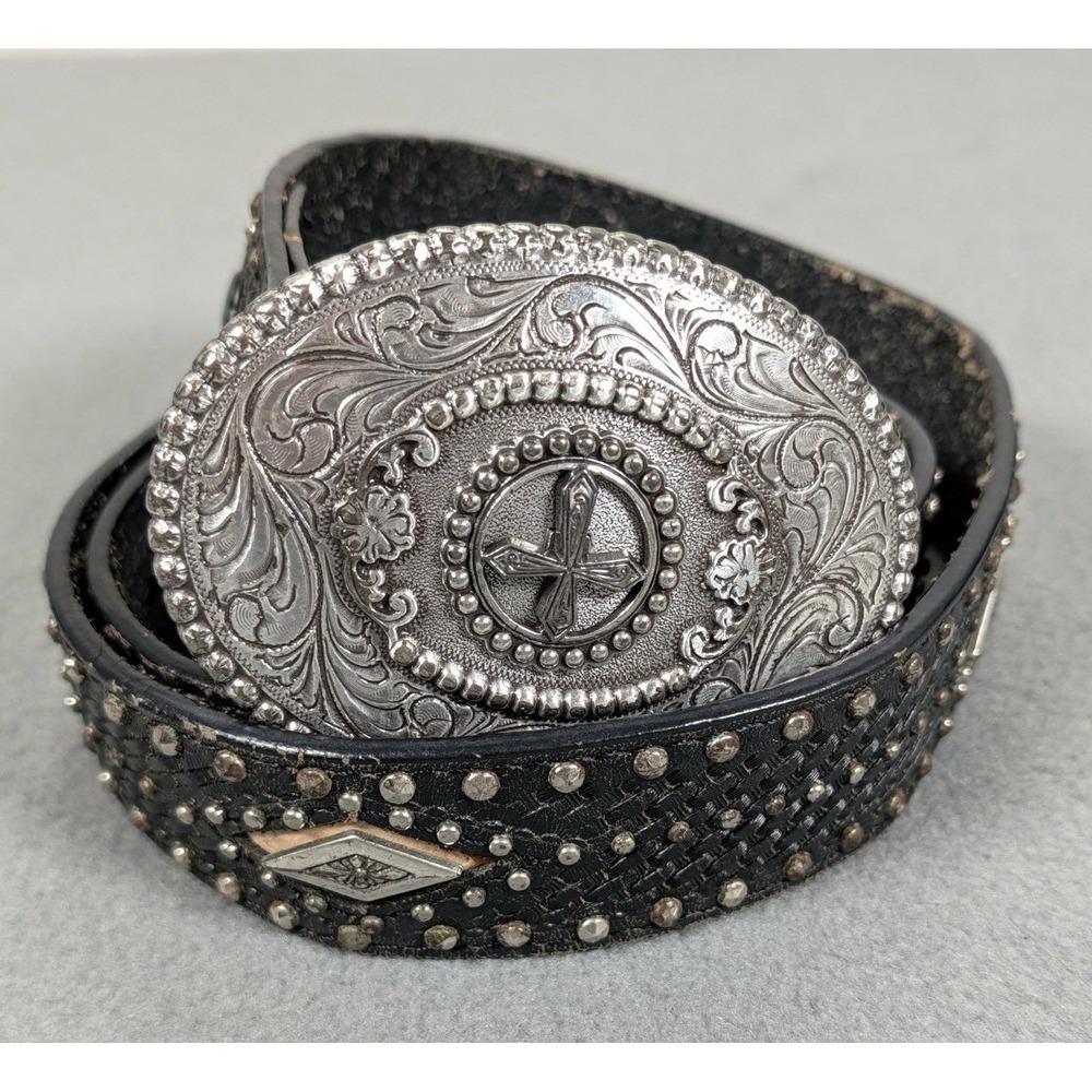 Nocona Belt Mens Genuine Leather Western Braided 32 Black Silver Buckle Cross
